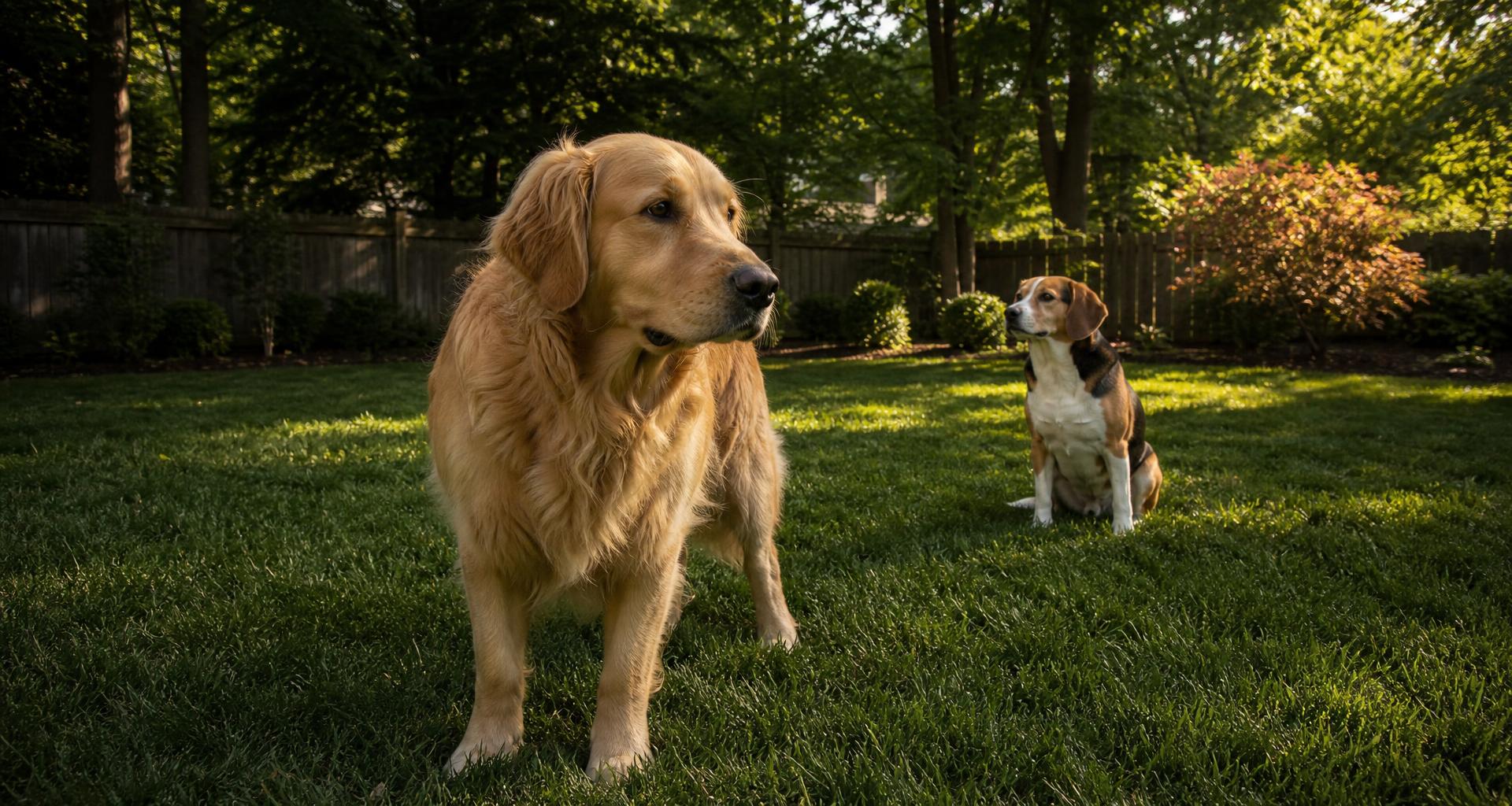 Golden retriever standing calmly in a green backyard with a beagle sitting behind it in warm late-afternoon light