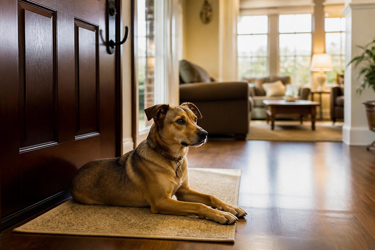 Relaxed mixed-breed dog lying by the front door of a Powder Springs, Georgia living room during in-home dog training