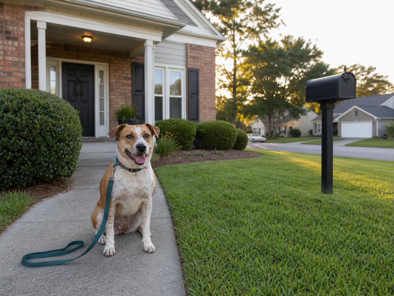 Attentive dog waiting on a suburban Powder Springs porch with professional care equipment