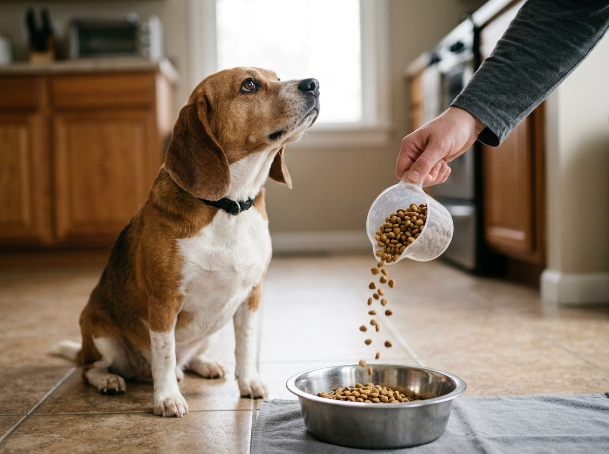 Beagle mix waiting patiently as a pet sitter pours kibble from a pet food measuring scoop into a stainless steel bowl in a home kitchen