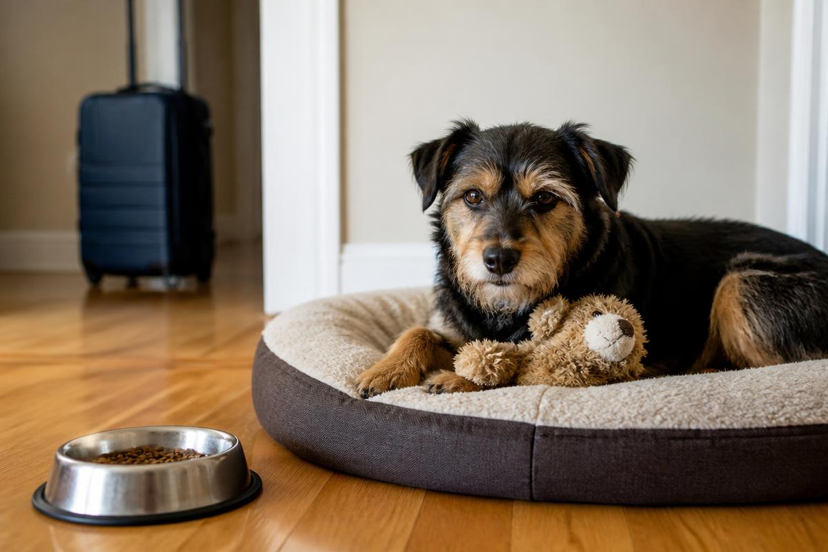 Calm terrier mix resting on their dog bed beside a food bowl and favorite toy before a pet sitting visit