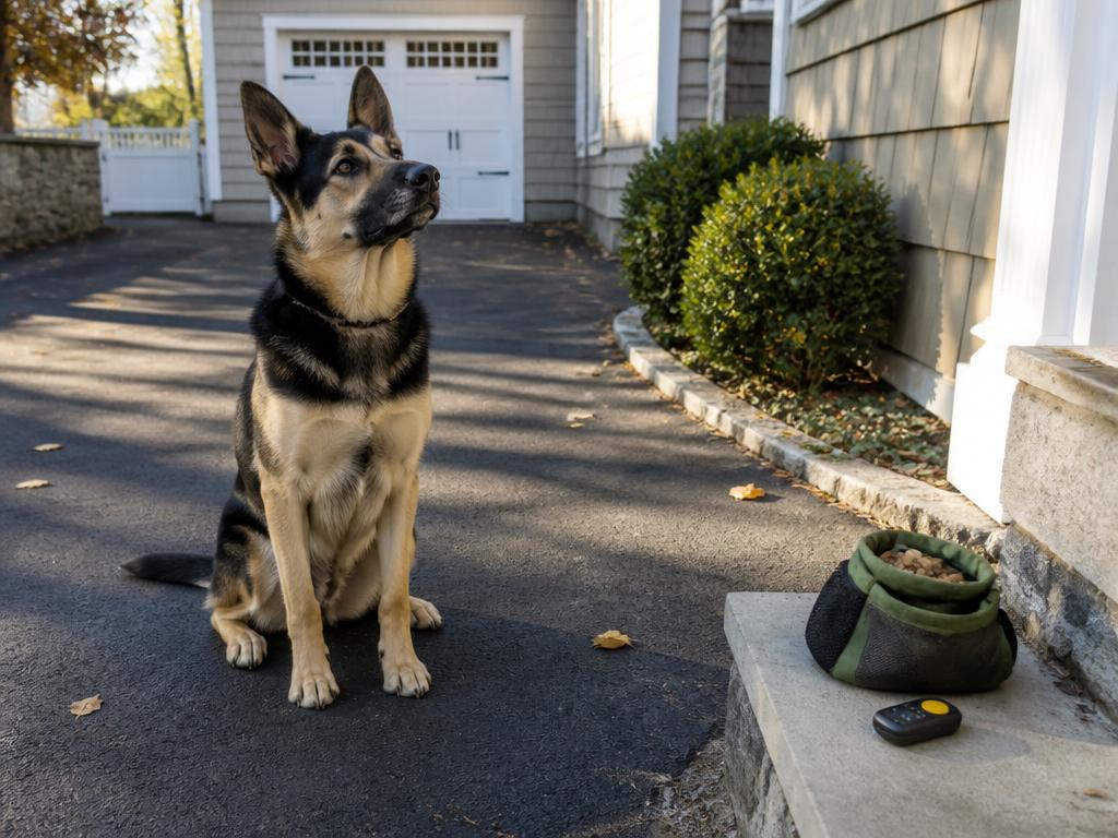 German shepherd mix holding a certified-level sit-stay beside a training treat pouch and clicker on a residential driveway