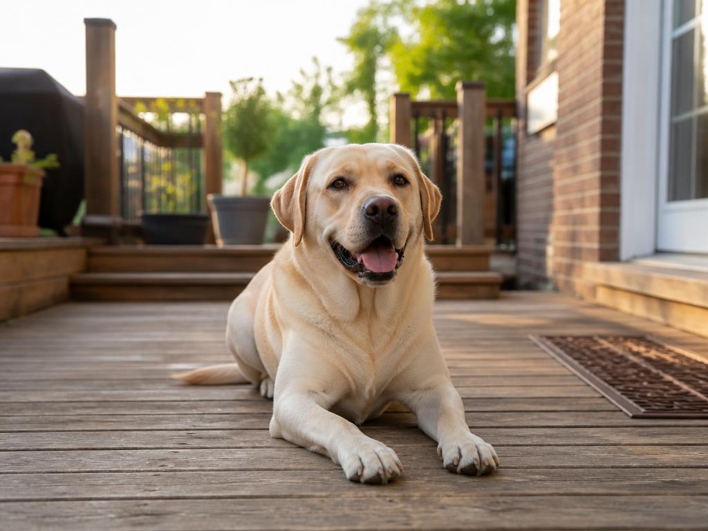 Happy Labrador holding a calm down-stay on a backyard deck, showing guaranteed dog training results